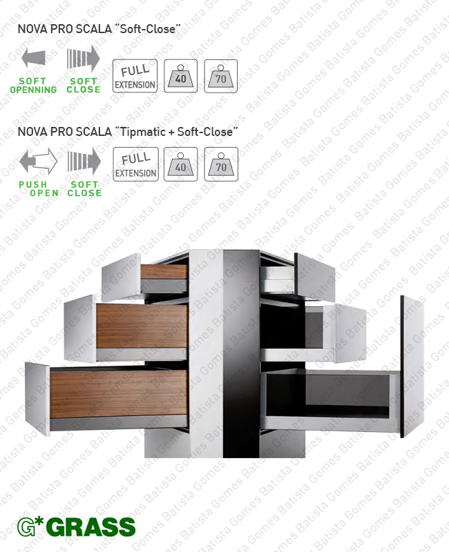 Sistema de laterais NP SCALA com corredi�as NP-TMSC Soft-Close para gavetas e gavet�es / Extra��o total / 40 e 70kg